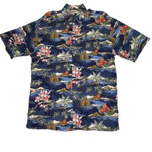 Campia Moda Vintage Hawaiian Shirt M 90's Blue Scenic Island Rayon Aloha